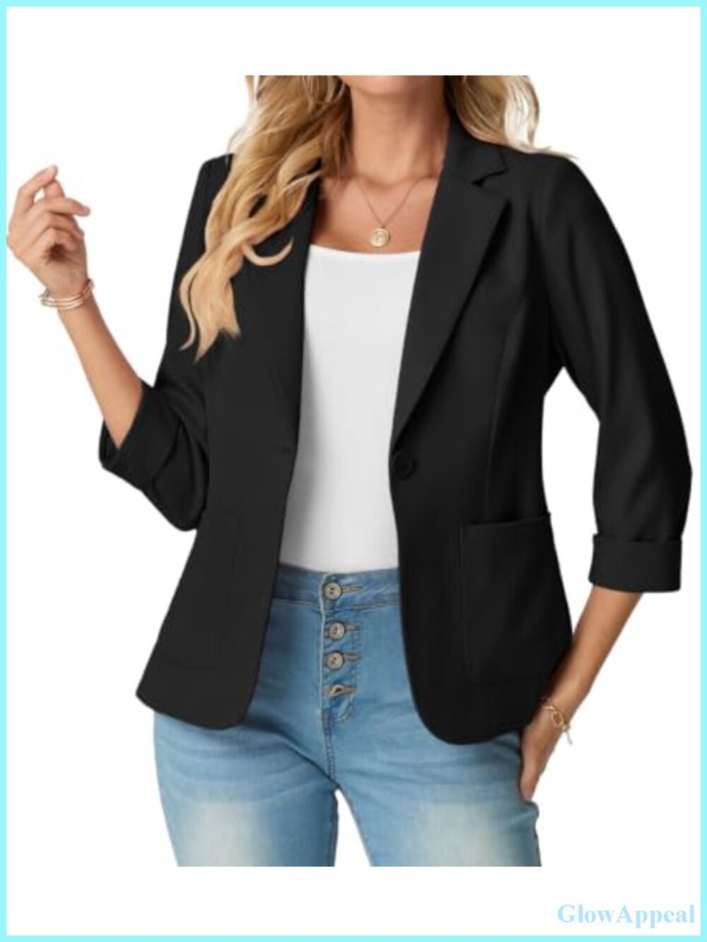 Women's 3/4 Sleeve Blazer Business Casual Work Jacket with Notched Lapel